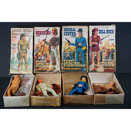 526 - Four boxed Marx Wild West figures to include 1866 General Custer, 1863 Fort Apache Fighters Geronimo... 