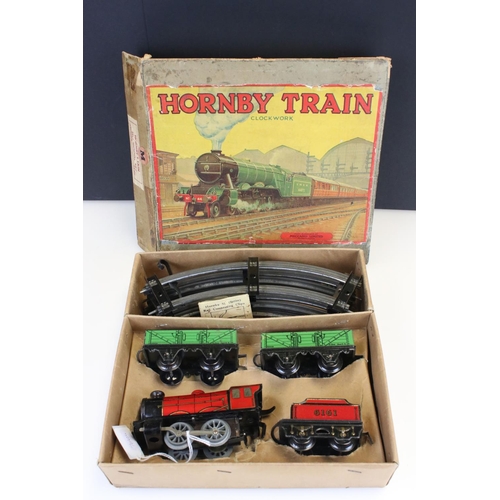 116 - Boxed Hornby Meccano Clockwork Train Set MO Goods Set (TS 401), box missing flap with heavy wear, se... 
