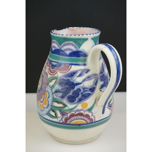 4 - Poole Pottery Jug decorated in the HE Bluebird pattern (handle re-attached) 21cm high together with ... 