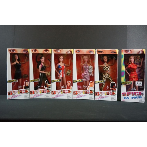 214 - Six boxed Galoob Spice Girls dolls to include original set of five plus Spice Girls on Tour Geri, al... 