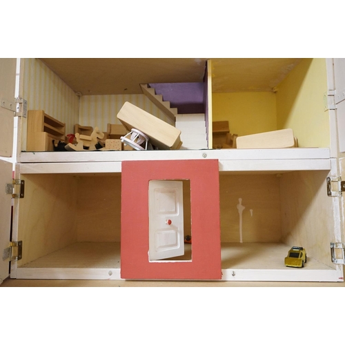 229 - Large Hand Built double fronted wooden Dolls House with gray roof, red walls & white doors / windows... 