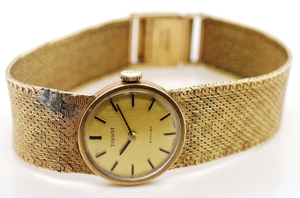 Vintage Tissot 9ct gold ladies watch. Gold case, clasp, mesh strap ...