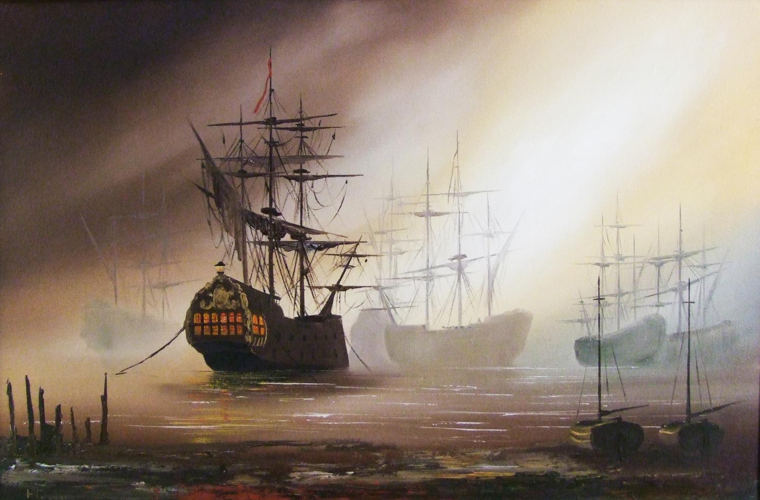 Barry Hilton, Square-rigged Ships At Anchor, Oil On Canvas, 50.5 X 76 