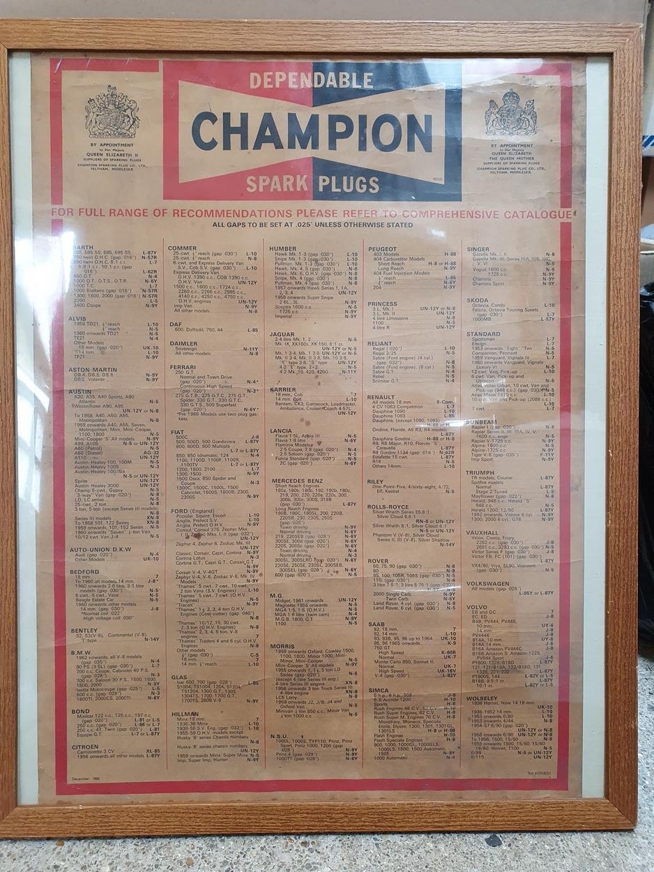 A Champion spark plug chart poster, dated November 1966, framed, 62 x