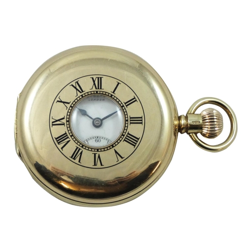 100 - A 9ct rose gold keyless wind half hunter pocket watch, by J.W. Benson, London 1936, the white enamel... 