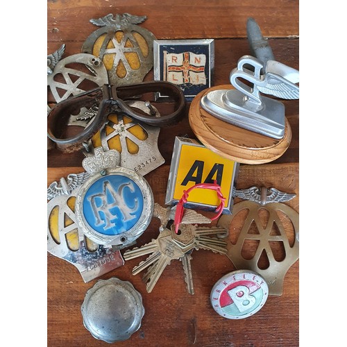 56 - An alloy Bentley Flying B desk mascot, a Berkeley badge and other badges.
