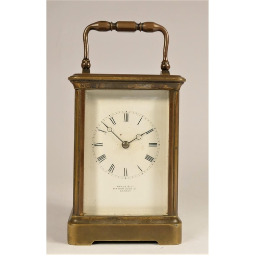 308 - Payne & Co., 163 New Bond St., London, a brass carriage time piece, the white enamel dial with Roman... 