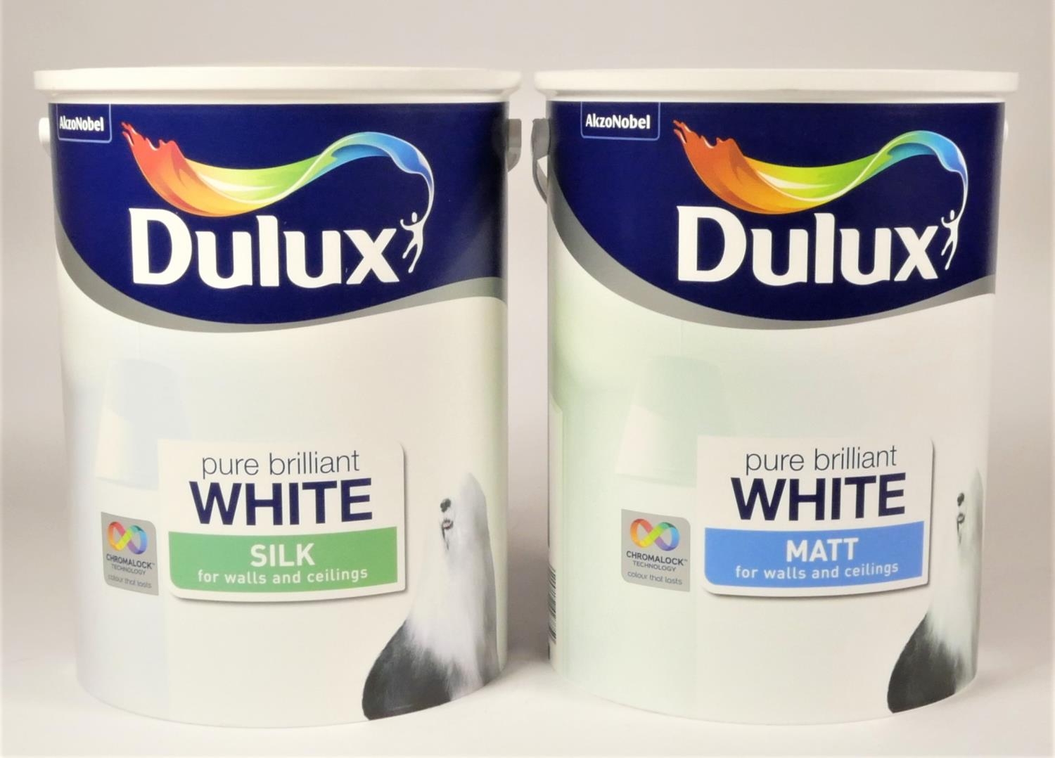 tins of Dulux Pure Brilliant White, silk and matt emulsion, 5L