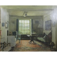 Fred Elwell, R.A. (1870-1958), Drawing Room, Masham (or The Green Room), oil on canvas, signed lower right hand, 63 x 76cm. A.R.R.
This interior scene shows the drawing room of Reginald Brundrit, R.A. (1883-1960) at the Old Vicarage, Masham. Brundrit was a close family friend and Elwell has included a painting by Brundrit, of stepping stones at Grassington, on the road of this painting.
Provenance, purchased c. 1990/91 at Dee, Atkinson & Harrison, Driffield, exhibited at "A Life in Art", stock number 396,  Ferens Art Gallery, Hull, 1993, Laing, Newcastle 1993, page 97, A life in Art by Wendy Loncaster.