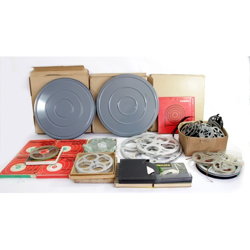 111 - A collection of 8mm and 16mm reels, including unlabeled / untitled reels, empty reels and storage bo... 