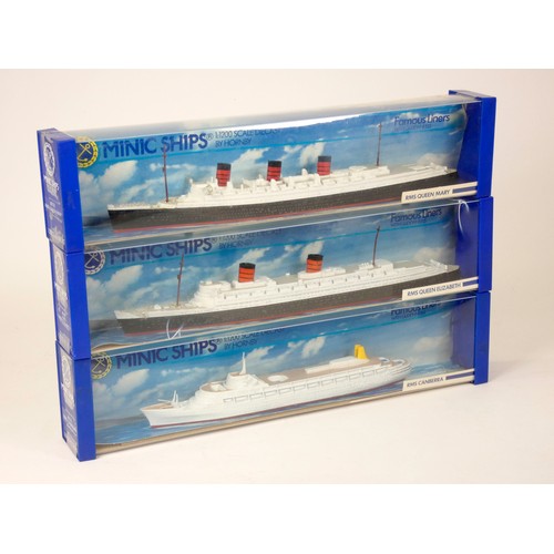 241 - Three Minic Ships by Hornby, 1:12000 scale, RMS Canberra, RMS Queen Elizabeth and RMS Queen Mary, or... 