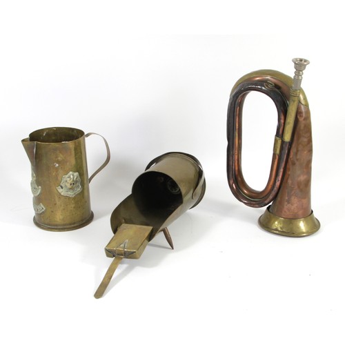 355 - A WWI British Army copper and brass bugle by Boosey & Co, 1916, Broad Arrow, a trench art brass jug ... 
