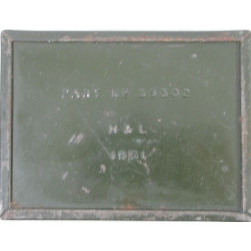 356 - A British Army W.D. green metal light bulb box, part number 39302, H&L, 1951, 10.5 x 8 x 8.5cm, a be... 