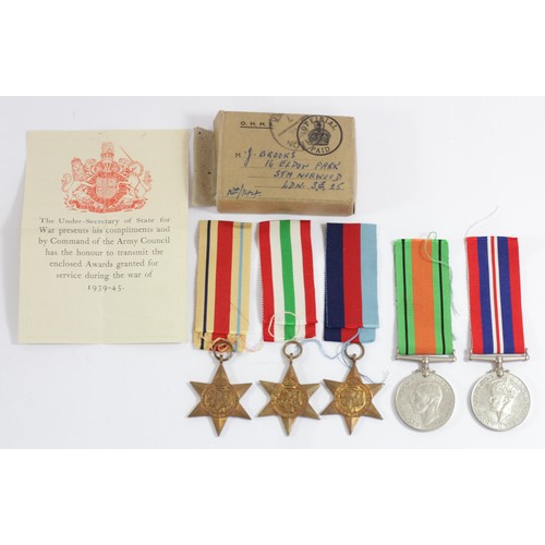 410 - WWII group of five, boxed, J. Brooks, 16 Eldon Park, London, 1939-1945 War, Defence, Africa Star, It... 