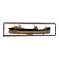 S.S. Stepney of Glasgow, 1916, a builder's mirror backed half block model, the laminated and carved hull with gilt brass propeller, ebonised top sides and lined and lacquered decking, with plated fittings including anchors, winches and deck rails, mounted on original front silvered mirror within glass fronted wooden case with angled end mirrors and ivorine builders plate, overall measurements 155 x 20 x 38cm.
Steel Steamer Stepney was launched on the 18th July 1916 as a general cargo vessel of 186 foot length, for the Commercial Gas Company and plied the Irish Sea between Workington, Glasgow and Dublin. She was sold to the Kyle Shipping Company Ltd in 1957 and subsequently broken up.