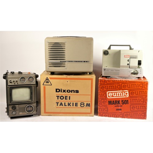 37 - A collection of 16mm and 8mm reels, an Enmig mark 501 projector, a Dixons Toei Talkie 8mm projector,... 