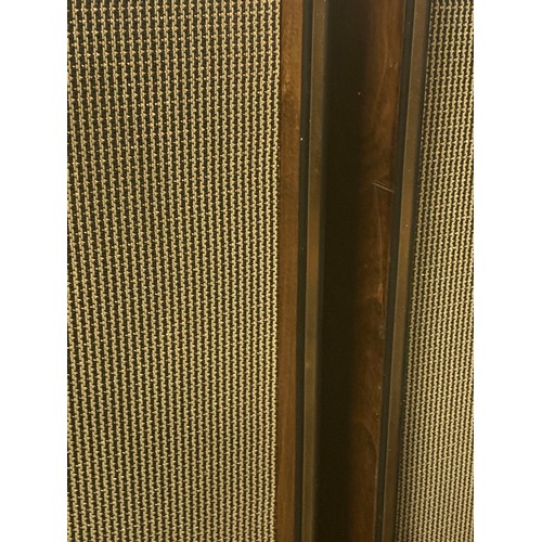 48 - A pair of unbranded floor standing speakers, dark wood gilt banding, green, black and gold grills, t... 