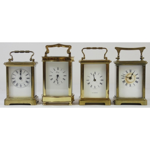 Four brass cased manual wind carriage clocks, comprising of an English "Henley" of London example an