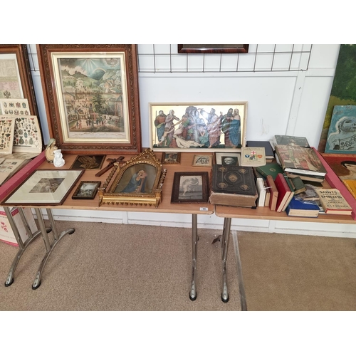 58 - A selection of religious items including pictures, bibles, prayer books, cross, figures, gilt framed... 