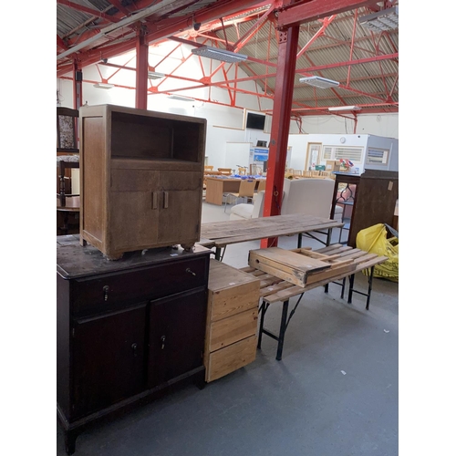 525 - Two pine benches, folding desk, pine filing cabinet etc.