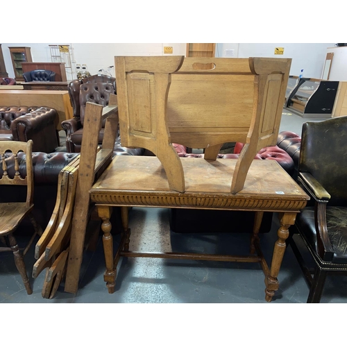 121 - An oak console table, oak ladders and a pair of oak coffin/casket stands