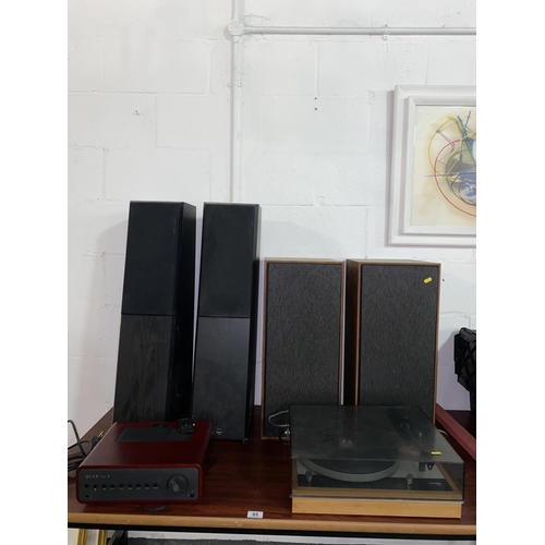 65 - A Quad Vena II amplifier and remote, a pair of Royd audio speakers, a pair of vintage Bando HT300 ty... 