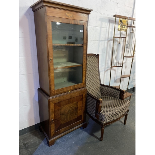 77 - An Edwardian display cabinet together with a mahogany frame armchair