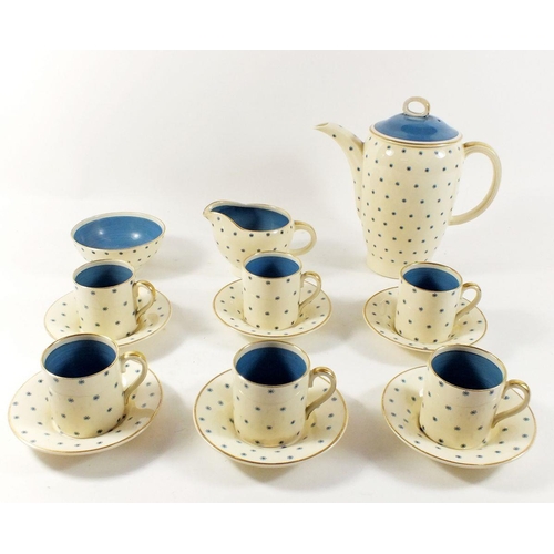 24 - A Susie Cooper coffee set in the 'Blue Stars Pattern' comprising coffee pot, milk jug, sugar, six cu... 