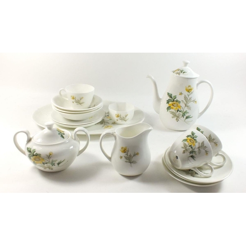 28 - A Wedgwood 'Golden Glory' part tea service comprising: teapot, three cups and saucers, sugar, three ... 