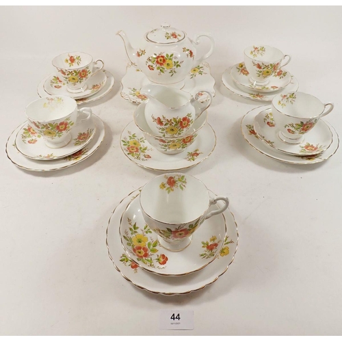 44 - A Tuscan floral tea service comprising: six cups and saucers, teapot, jug and sugar and cake plate