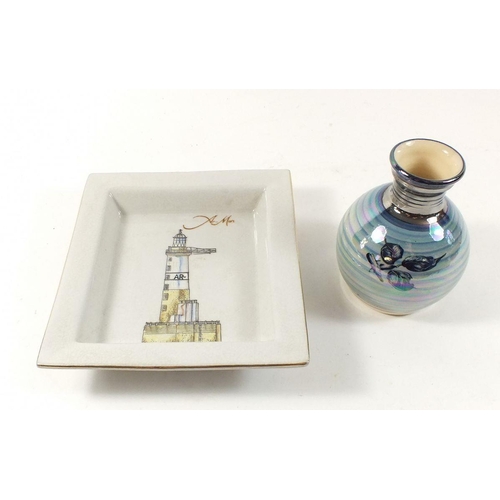 50 - A vase decorated blackberries by Alvin Irving 11cm and a Chehoma dish painted lighthouse