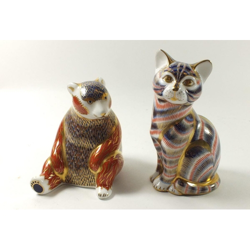 8 - A group of two Royal Crown Derby Imari paperweights in the form of a honey bear and cat (silver seal... 