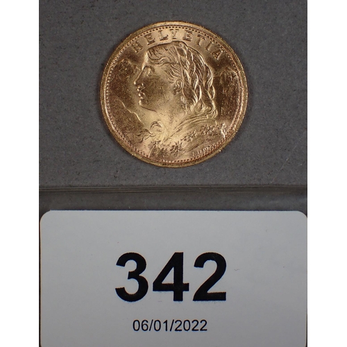 342 - Gold: Swiss Helveita 20 Francs 1935 L-B (struck in 1945, 1946 and 1947) 6.45 grams, 0.900 gold - Con... 