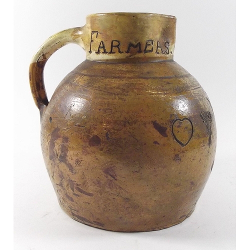 471 - An early 19th century Farmers Arms stone ware jug with incised decoration, 22.5cm high, dated 1829