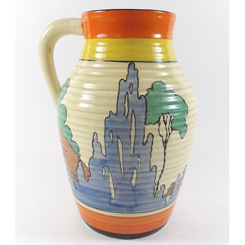 480 - A Clarice Cliff lotus jug painted in the Orange Roof Cottage design, 30cm tall with Bizarre and Newp... 