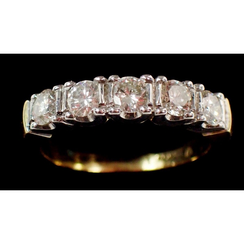296 - An 18ct gold five stone diamond ring, total estimated diamond weight 0.96ct, size O, 6g