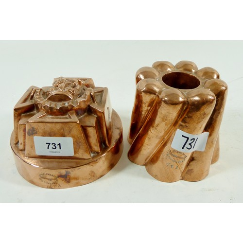 731 - Two Victorian copper Temple & Crook jelly moulds, 13cm and 11cm diameter