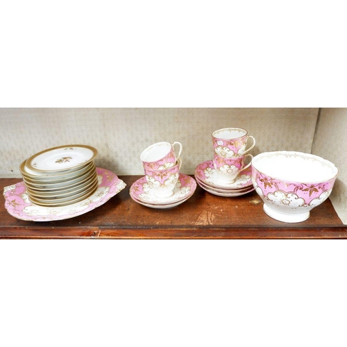 12 - Four Victorian pink and gilt teacups, slop bowl and cake plate and ten Copenhagen tea plates