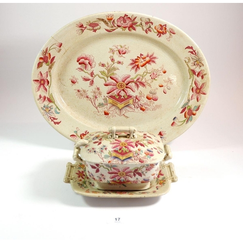 17 - A Victorian dinner service with oriental decoration, comprising two sauce tureens, one tureen, five ... 