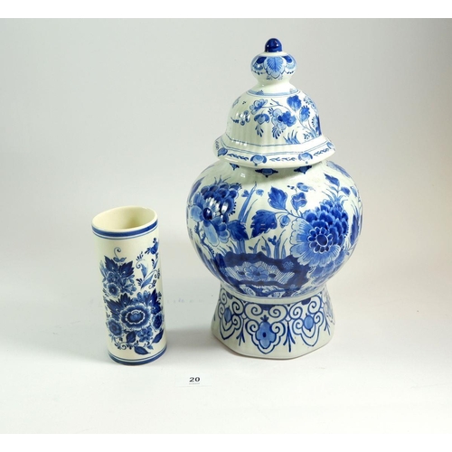 20 - A large Delft vase with cover, 31cm high and a cylindrical vase