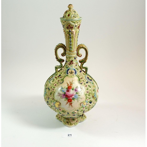 21 - A Victorian vase and cover with floral painted decoration, 32 cm tall
