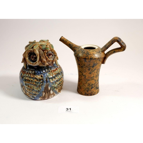 31 - A pottery owl and an Art pottery miniature coffee pot - no lid