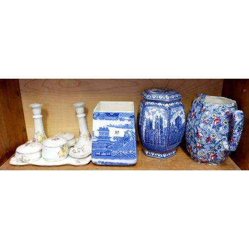 37 - A Ringtons blue and white tea caddy and another with no lid plus a jug (handle a/f) and an Edwardian... 