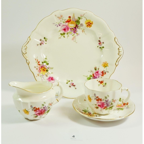4 - A Royal Crown Derby tea service printed flowers comprising: seven cups (one a/f) and seven saucers, ... 