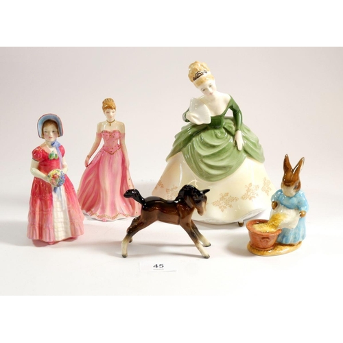 45 - A Beswick horse, a Beatrix Potter 'Cecily Parsley' and three various Doulton figures