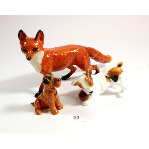 53 - A Beswick large fox, a Doulton dog with ball and another dog