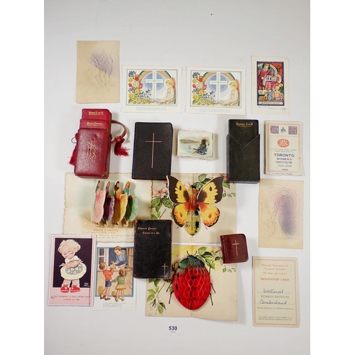 530 - A group of miniature prayer books etc. and a small group of postcards, pop up cards, cigarette silks... 