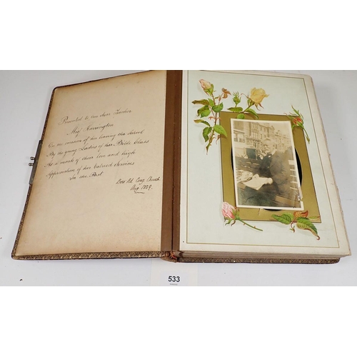 533 - A Victorian album of local portrait photographs dated 1889 with presentation to Miss Harrington, tea... 