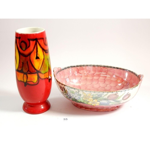 55 - A Maling lustre fruit bowl and a Poole pottery vase