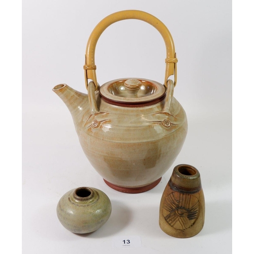 13 - A large Studio pottery teapot and two smaller items of studio pottery